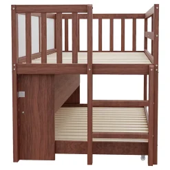 Lit Gigogne enfant 90x200 cm avec Lit Tiroir, Échelle, Tableau à Gribouillis et Rangement Intégré - Sans Matelas - Bois Marron