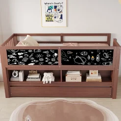 Lit Gigogne enfant 90x200 cm avec Lit Tiroir, Échelle, Tableau à Gribouillis et Rangement Intégré - Sans Matelas - Bois Marron