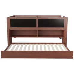 Lit Gigogne enfant 90x200 cm avec Lit Tiroir, Échelle, Tableau à Gribouillis et Rangement Intégré - Sans Matelas - Bois Marron