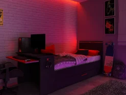 Lit gigogne gamer 90 x 200 et 90 x 190 cm - Avec bureau - LEDs - Anthracite et rouge + Matelas + Sommier - VOUANI