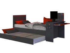 Lit gigogne gamer 90 x 200 et 90 x 190 cm - Avec bureau - LEDs - Anthracite et rouge + Matelas + Sommier - VOUANI