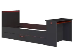 Lit gigogne gamer 90 x 200 et 90 x 190 cm - Avec bureau - LEDs - Anthracite et rouge + Matelas + Sommier - VOUANI