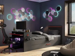 Lit gigogne gamer2 x 90 x 200 cm - Avec bureau - LEDs - Anthracite et rouge + Sommier - VOUANI