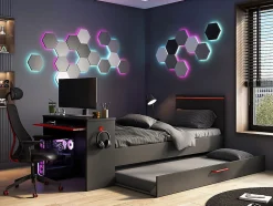 Lit gigogne gamer2 x 90 x 200 cm - Avec bureau - LEDs - Anthracite et rouge + Sommier - VOUANI