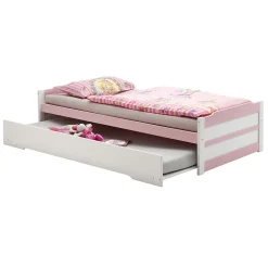 Lit gigogne LORENA en pin massif, 90 x 200 cm, lasuré blanc et rose
