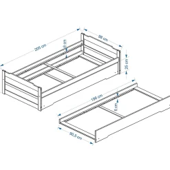 Lit gigogne LORENA en pin massif, 90 x 200 cm, lasuré blanc