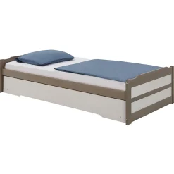 Lit gigogne LORENA en pin massif, 90 x 190 cm, lasuré taupe et blanc