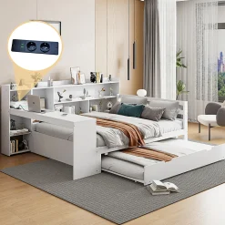 Lit Gigogne Multifonction 140x200 cm, avec Bureau et Étagères Intégrées, Lit Coulissant Sous Le Lit - Blanc - Sans Matelas