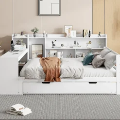 Lit Gigogne Multifonction 140x200 cm, avec Bureau et Étagères Intégrées, Lit Coulissant Sous Le Lit - Blanc - Sans Matelas