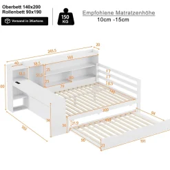 Lit Gigogne Multifonction 140x200 cm, avec Bureau et Étagères Intégrées, Lit Coulissant Sous Le Lit - Blanc - Sans Matelas