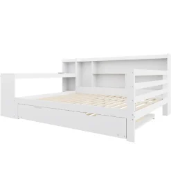 Lit Gigogne Multifonction 140x200 cm, avec Bureau et Étagères Intégrées, Lit Coulissant Sous Le Lit - Blanc - Sans Matelas