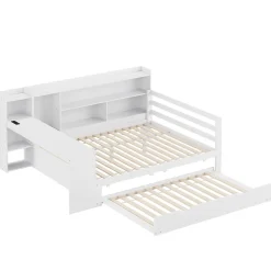 Lit Gigogne Multifonction 140x200 cm, avec Bureau et Étagères Intégrées, Lit Coulissant Sous Le Lit - Blanc - Sans Matelas