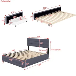 Lit gigogne pour adulte et enfant 140 x 200cm & 90 x 190cm avec broche pour deux personnes et deux tiroirs, gris