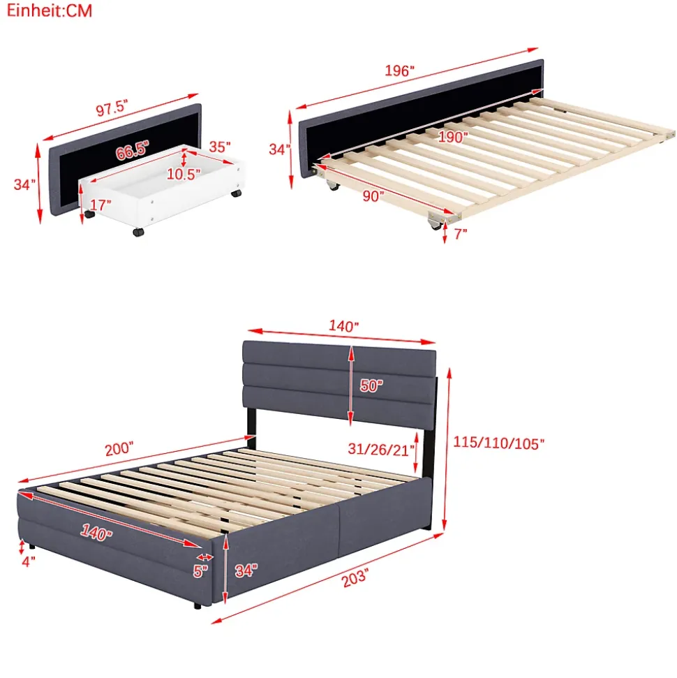 Lit gigogne pour adulte et enfant 140 x 200cm & 90 x 190cm avec broche pour deux personnes et deux tiroirs, gris