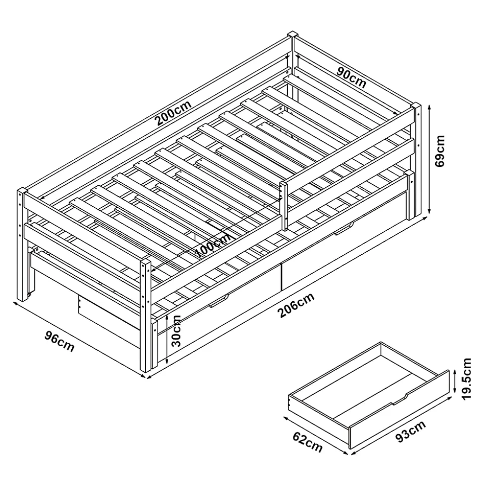 Lit gigogne pour enfant Sonkajärvi avec 2 tiroirs bois de pin 90 x 200 cm naturel en.casa