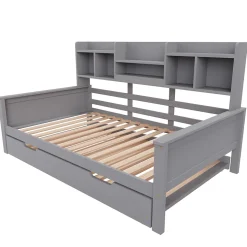 Lit gigogne simple 90x200 cm en bois avec rangement intégré - multifonction, pratique et spacieux, gris, sans matelas