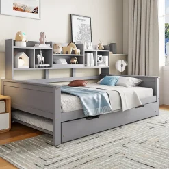 Lit gigogne simple 90x200 cm en bois avec rangement intégré - multifonction, pratique et spacieux, gris, sans matelas