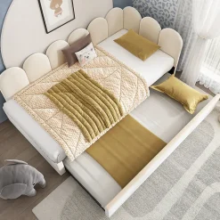 Lit Gigogne Simple 90x200 cm avec Lit Secondaire 90x190 cm - Gain de Place pour Chambre d'enfant - Velours Beige - Sans Matelas