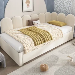 Lit Gigogne Simple 90x200 cm avec Lit Secondaire 90x190 cm - Gain de Place pour Chambre d'enfant - Velours Beige - Sans Matelas