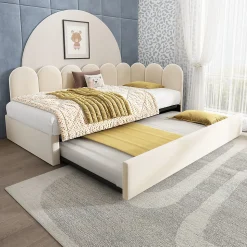 Lit Gigogne Simple 90x200 cm avec Lit Secondaire 90x190 cm - Gain de Place pour Chambre d'enfant - Velours Beige - Sans Matelas