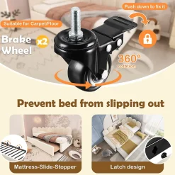 Lit Gigogne Simple 90x200 cm avec Lit Secondaire 90x190 cm - Gain de Place pour Chambre d'enfant - Velours Beige - Sans Matelas