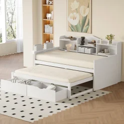 Lit Gigogne Simple 90x200 cm avec Lit 90x190 cm, Tiroirs et Grand Rangement, Port USB Intégré Bois Blanc, Multifonction, Blanc