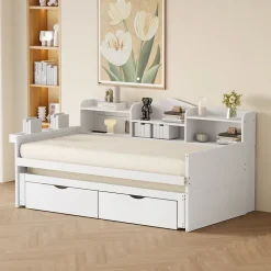 Lit Gigogne Simple 90x200 cm avec Lit 90x190 cm, Tiroirs et Grand Rangement, Port USB Intégré Bois Blanc, Multifonction, Blanc