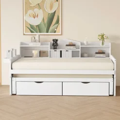 Lit Gigogne Simple 90x200 cm avec Lit 90x190 cm, Tiroirs et Grand Rangement, Port USB Intégré Bois Blanc, Multifonction, Blanc