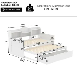 Lit Gigogne Simple 90x200 cm avec Lit 90x190 cm, Tiroirs et Grand Rangement, Port USB Intégré Bois Blanc, Multifonction, Blanc
