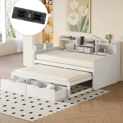 Lit Gigogne Simple 90x200 cm avec Lit 90x190 cm, Tiroirs et Grand Rangement, Port USB Intégré Bois Blanc, Multifonction, Blanc