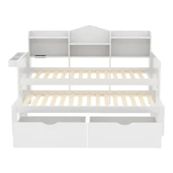 Lit Gigogne Simple 90x200 cm avec Lit 90x190 cm, Tiroirs et Grand Rangement, Port USB Intégré Bois Blanc, Multifonction, Blanc