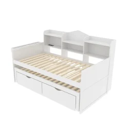 Lit Gigogne Simple 90x200 cm avec Lit 90x190 cm, Tiroirs et Grand Rangement, Port USB Intégré Bois Blanc, Multifonction, Blanc