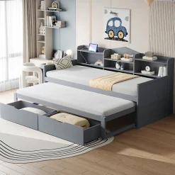 Lit Gigogne Simple 90x200 cm avec Lit 90x190 cm, Tiroirs et Grand Rangement, Port USB Intégré Bois Gris, Multifonction, Gris