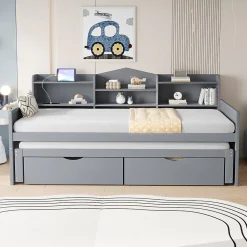 Lit Gigogne Simple 90x200 cm avec Lit 90x190 cm, Tiroirs et Grand Rangement, Port USB Intégré Bois Gris, Multifonction, Gris