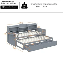 Lit Gigogne Simple 90x200 cm avec Lit 90x190 cm, Tiroirs et Grand Rangement, Port USB Intégré Bois Gris, Multifonction, Gris