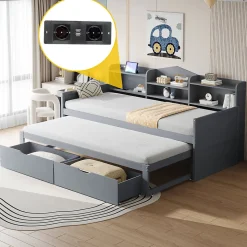 Lit Gigogne Simple 90x200 cm avec Lit 90x190 cm, Tiroirs et Grand Rangement, Port USB Intégré Bois Gris, Multifonction, Gris