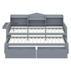 Lit Gigogne Simple 90x200 cm avec Lit 90x190 cm, Tiroirs et Grand Rangement, Port USB Intégré Bois Gris, Multifonction, Gris