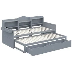 Lit Gigogne Simple 90x200 cm avec Lit 90x190 cm, Tiroirs et Grand Rangement, Port USB Intégré Bois Gris, Multifonction, Gris