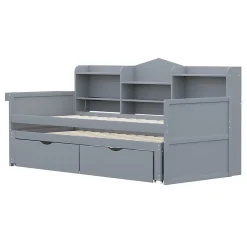 Lit Gigogne Simple 90x200 cm avec Lit 90x190 cm, Tiroirs et Grand Rangement, Port USB Intégré Bois Gris, Multifonction, Gris