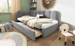 Lit Gigogne Simple 90x200 cm avec Lit Secondaire - Design Moderne Gain de Place pour Chambre enfant - Velours Gris - Sans Matelas