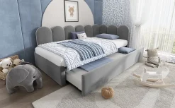 Lit Gigogne Simple 90x200 cm avec Lit Secondaire - Design Moderne Gain de Place pour Chambre enfant - Velours Gris - Sans Matelas