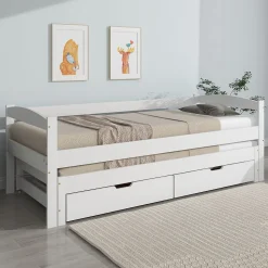 Lit Gigogne Simple 200x90 cm et 190x90 cm - avec Tiroirs de Rangement, Bois de Pin et MDF, Blanc, Sans Matelas