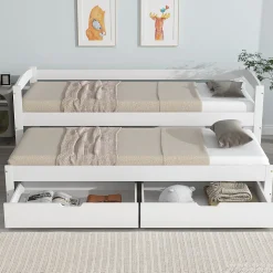 Lit Gigogne Simple 200x90 cm et 190x90 cm - avec Tiroirs de Rangement, Bois de Pin et MDF, Blanc, Sans Matelas