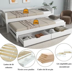 Lit Gigogne Simple 200x90 cm et 190x90 cm - avec Tiroirs de Rangement, Bois de Pin et MDF, Blanc, Sans Matelas
