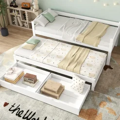 Lit Gigogne Simple 200x90 cm et 190x90 cm - avec Tiroirs de Rangement, Bois de Pin et MDF, Blanc, Sans Matelas