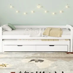 Lit Gigogne Simple 200x90 cm et 190x90 cm - avec Tiroirs de Rangement, Bois de Pin et MDF, Blanc, Sans Matelas