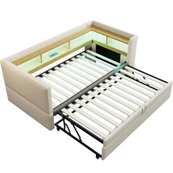 Lit Gigogne 90/180x190 cm - avec LED et Prise USB, Rangement sous Le Lit, Multifonction en Flanelle et Métal, Beige, Sans Matelas