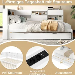 Lit Gigogne 90x200 cm - avec Lit Tiroir 90x190 cm et Rangement, Lit Multifonction Bois Kiefernholz + MDF + Plywood - Blanc