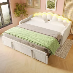 Lit Gigogne 90/180x200 cm - avec lit tiroir et bande LED multicolore - sans matelas - revêtement en velours doux - Beige