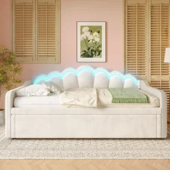Lit Gigogne 90/180x200 cm - avec lit tiroir et bande LED multicolore - sans matelas - revêtement en velours doux - Beige